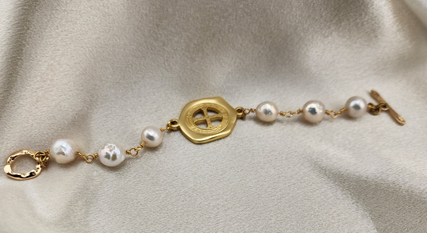 Baroque Pearl & Gold Medallion Bracelet – “Divine Heritage”