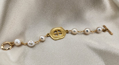 Baroque Pearl & Gold Medallion Bracelet – “Divine Heritage”