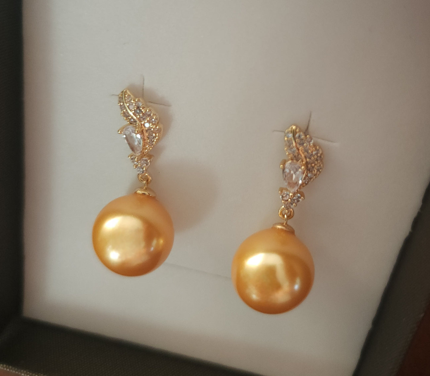 Aurea Vigilat — Champagne Pearl Drop Earrings-CZ-Feather-Posts