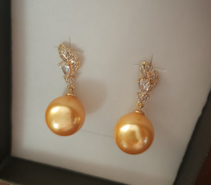 Aurea Vigilat — Champagne Pearl Drop Earrings-CZ-Feather-Posts