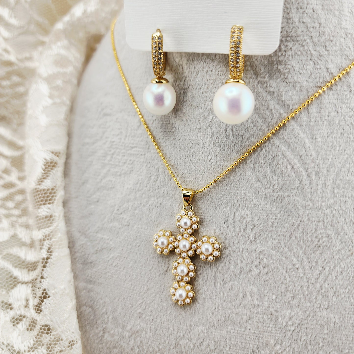 Pearl Cross Necklace & Earrings Set – “Grace in Gold”