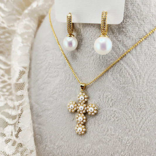 Pearl Cross Necklace & Earrings Set – “Grace in Gold”