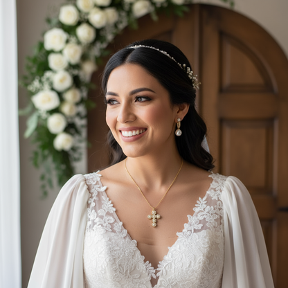 Pearl Cross Necklace & Earrings Set – “Grace in Gold”