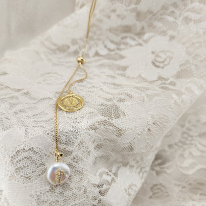 La Riat” Necklace — Pearl & Virgin of Guadalupe Medal
