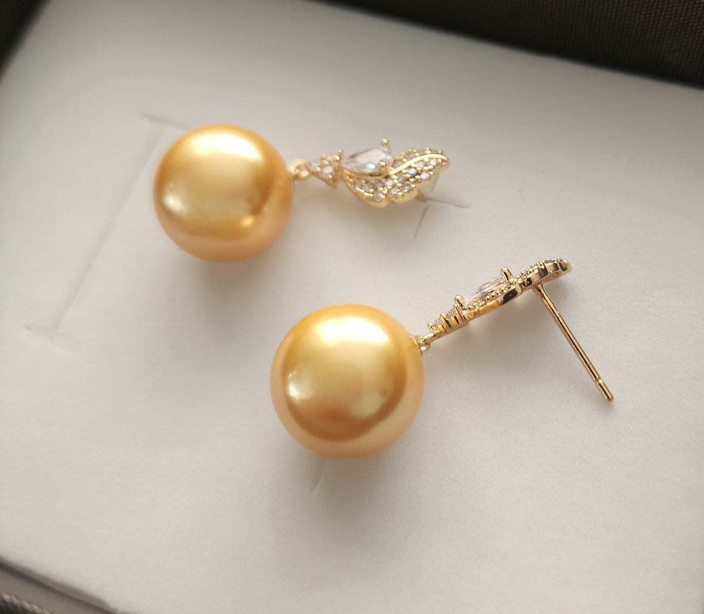 Aurea Vigilat — Champagne Pearl Drop Earrings-CZ-Feather-Posts