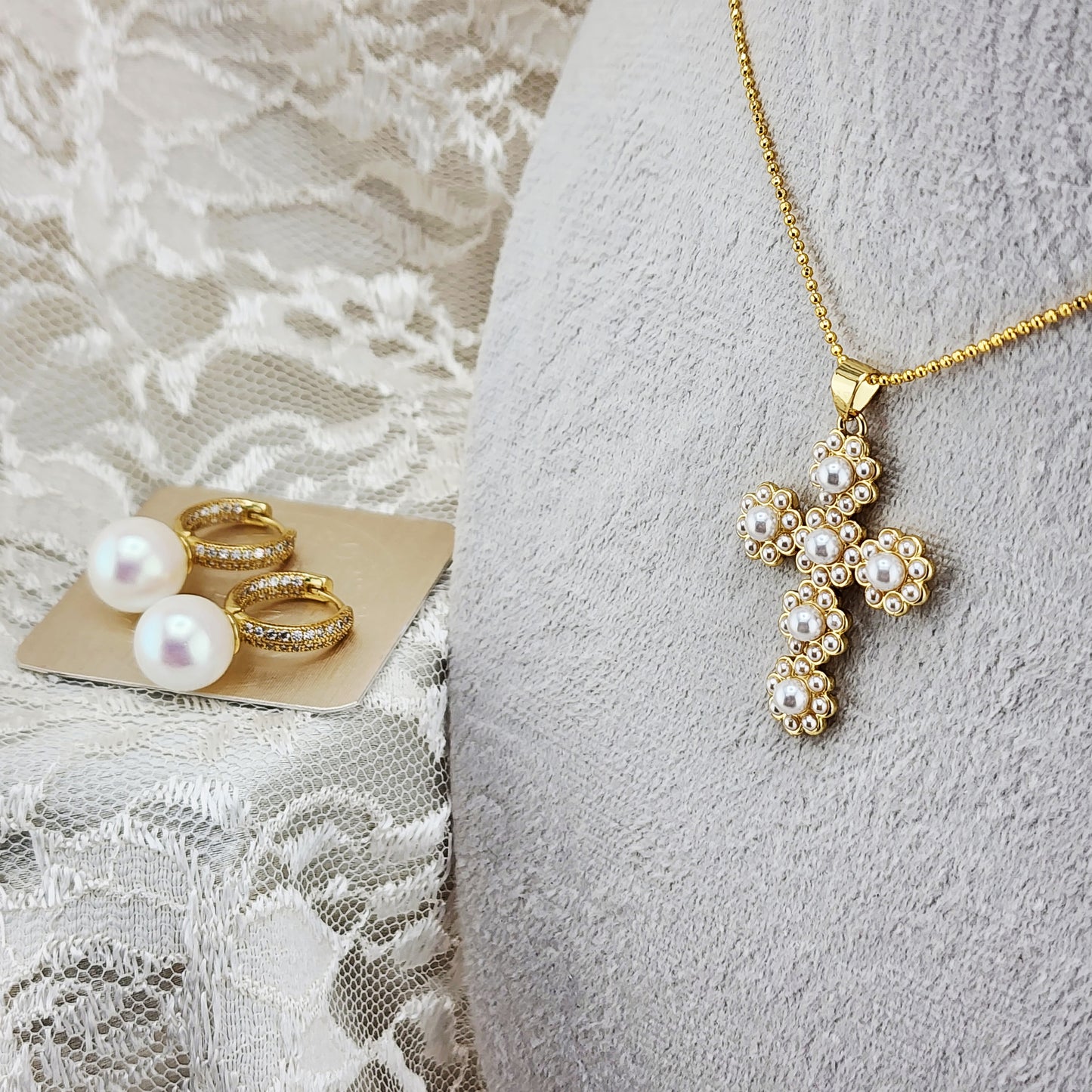 Pearl Cross Necklace & Earrings Set – “Grace in Gold”