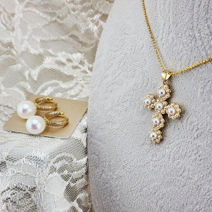 Pearl Cross Necklace & Earrings Set – “Grace in Gold”