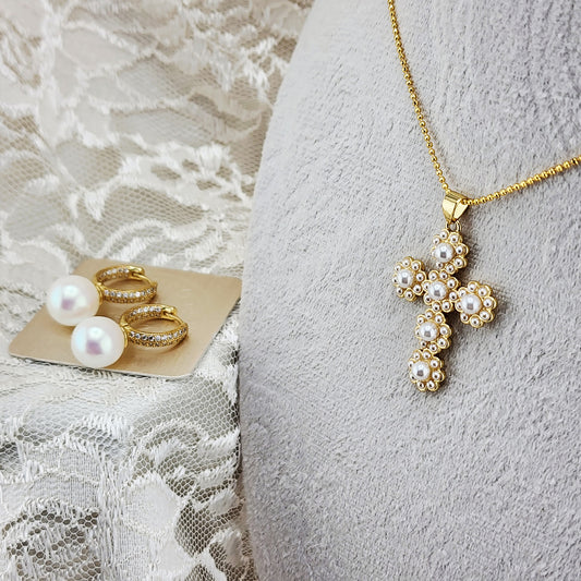Pearl Cross Necklace & Earrings Set – “Grace in Gold”