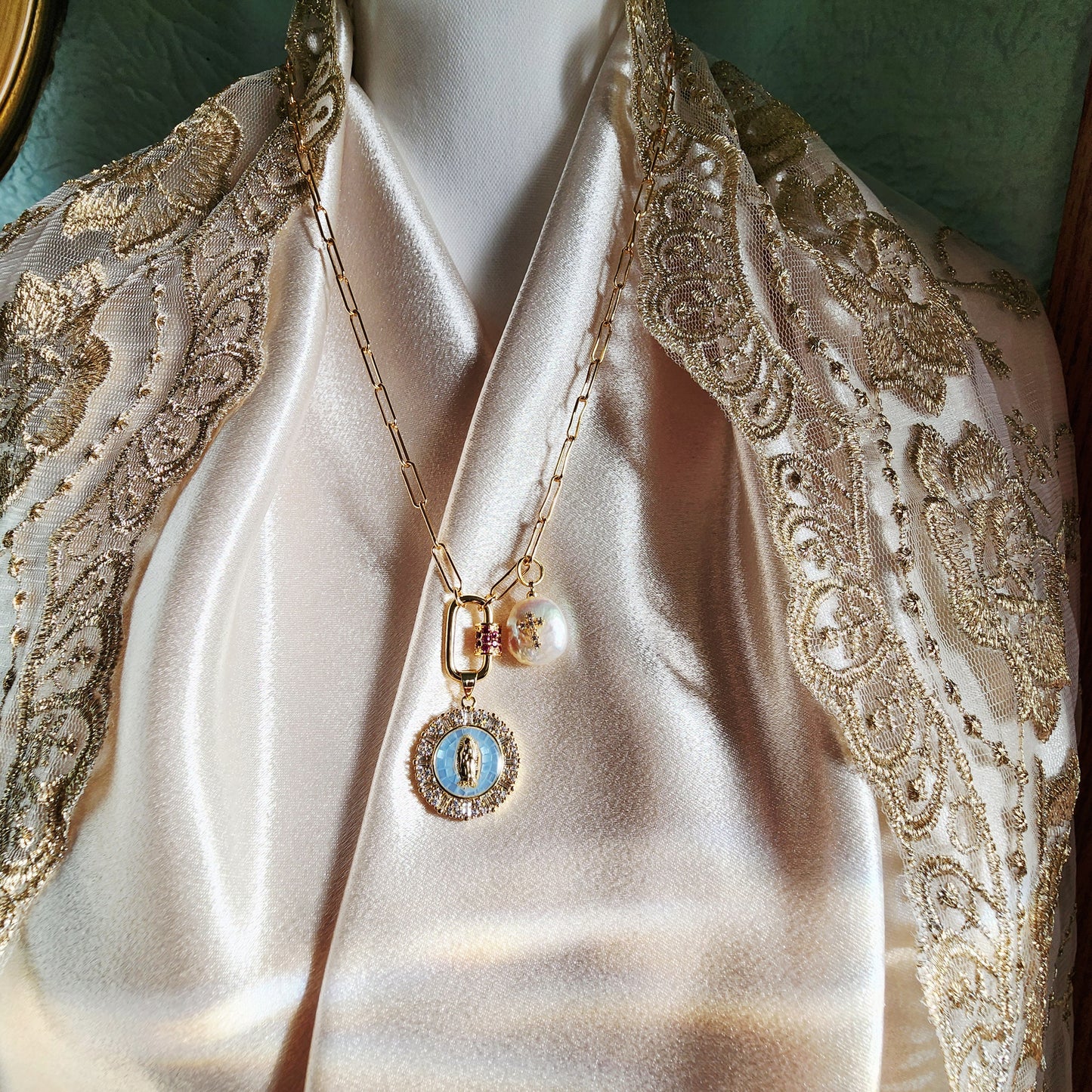 Gold-plated necklace with Our Lady of Guadalupe pendant Celestial edition (light blue)