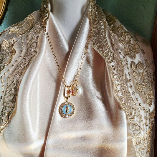 Gold-plated necklace with Our Lady of Guadalupe pendant Celestial edition (light blue)