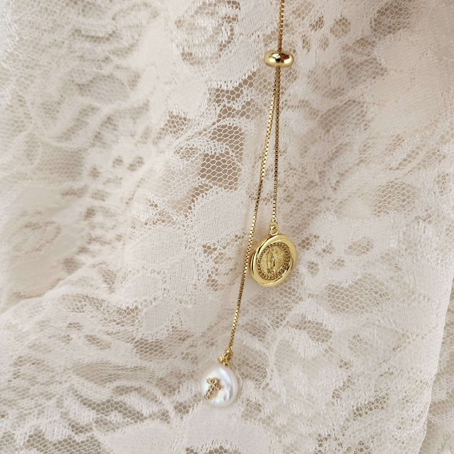 La Riat” Necklace — Pearl & Virgin of Guadalupe Medal