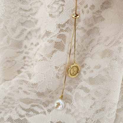 La Riat” Necklace — Pearl & Virgin of Guadalupe Medal