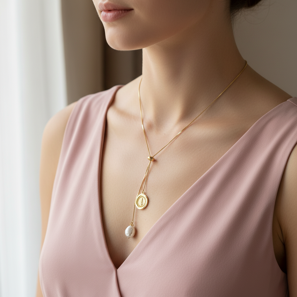 La Riat” Necklace — Pearl & Virgin of Guadalupe Medal