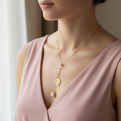 La Riat” Necklace — Pearl & Virgin of Guadalupe Medal