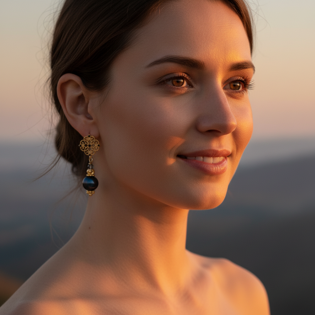 Grace of night-Nocturna Azul Earrings blend gold-plated filigree elegance with the deep charm of blue pearls.