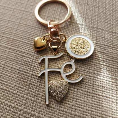 St. Benedict “Fe” Keychain-white — First Communion & Confirmation Keepsake