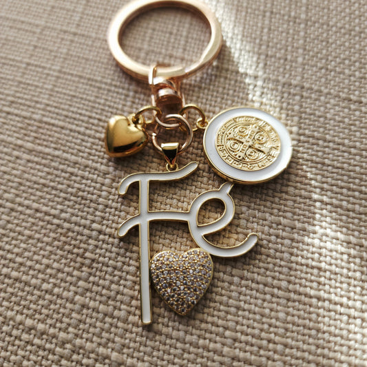 St. Benedict “Fe” Keychain-white — First Communion & Confirmation Keepsake