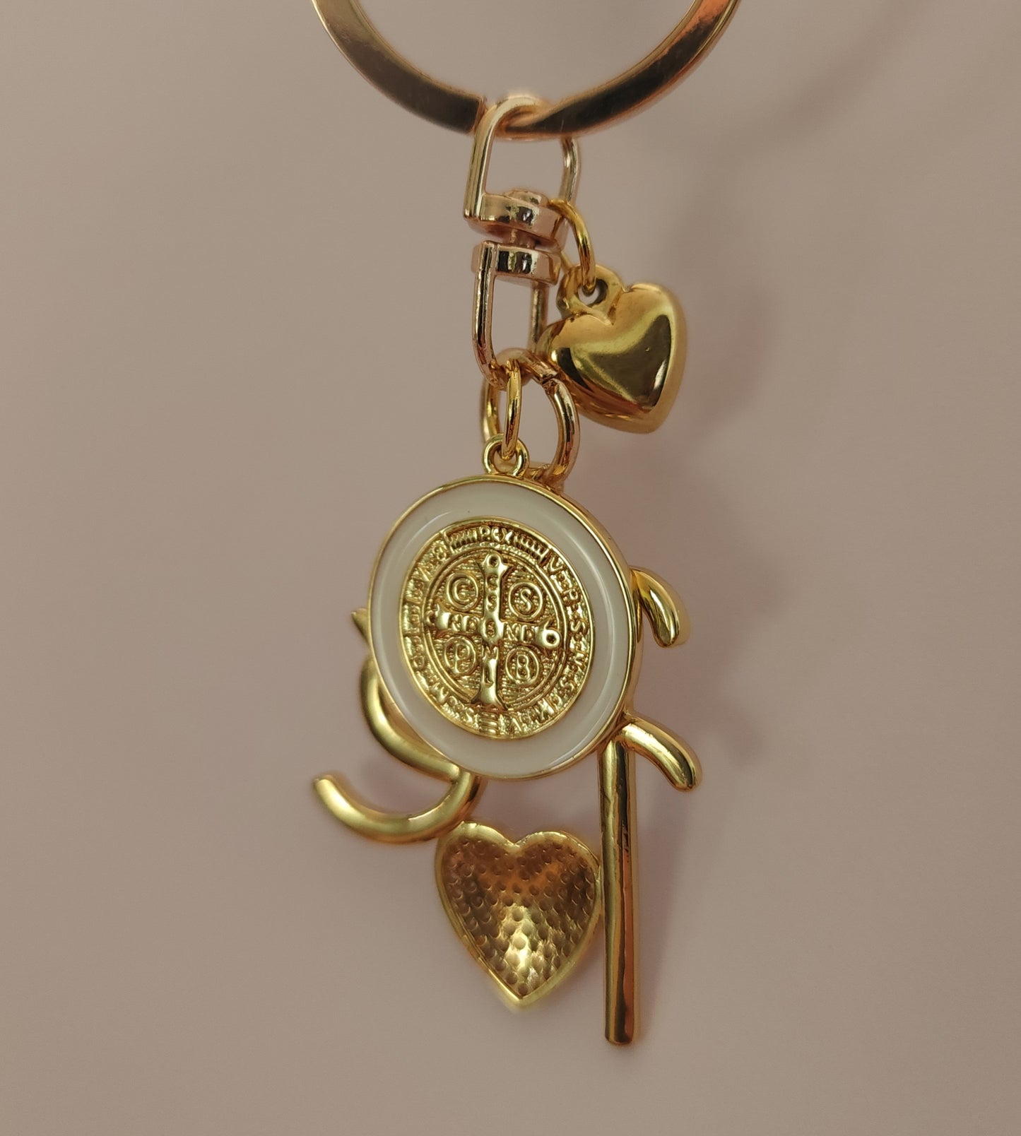St. Benedict “Fe” Keychain-white — First Communion & Confirmation Keepsake